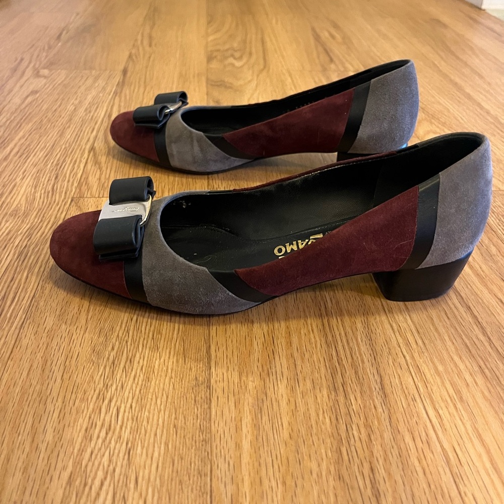 Salvatore Ferragamo Women's Vara Patchwork Burgundy and Gray Suede Pump Heel